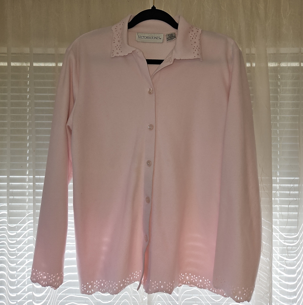 Victoria Jones Soft Light Pink Button-Down Sweater with Laser-Cut Trim